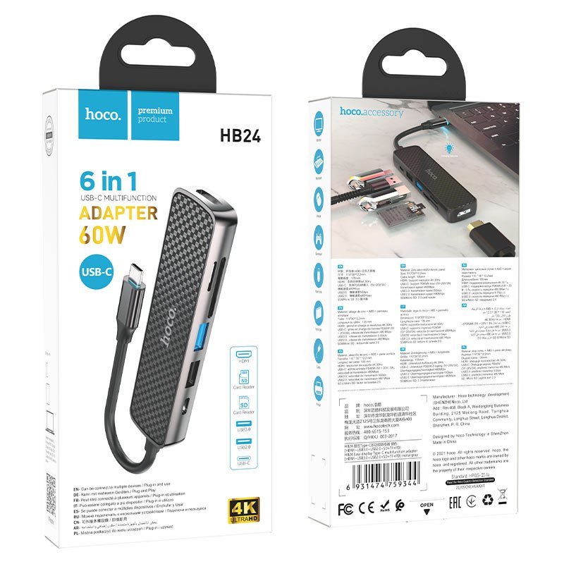 HOCO HUB TIPO C 6 EN 1 DELGADO REMATE