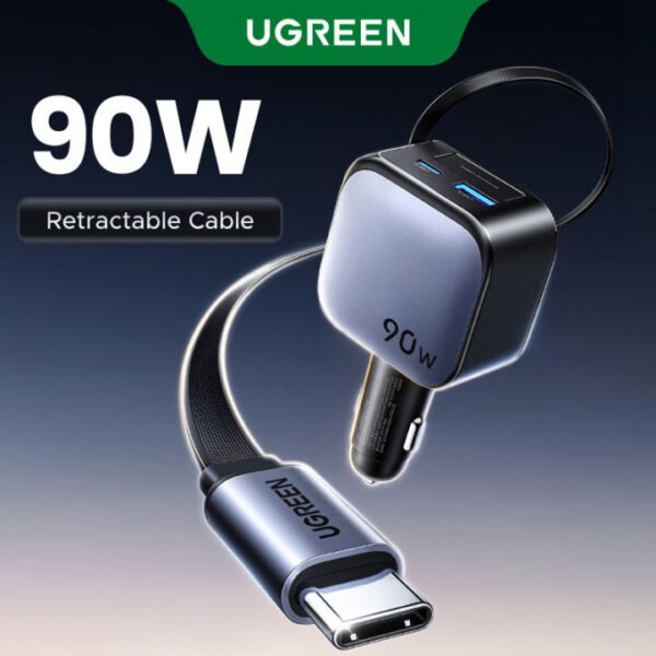 UGREEN CARGADOR PARA AUTO 90W CON CABLE RETRACTIL